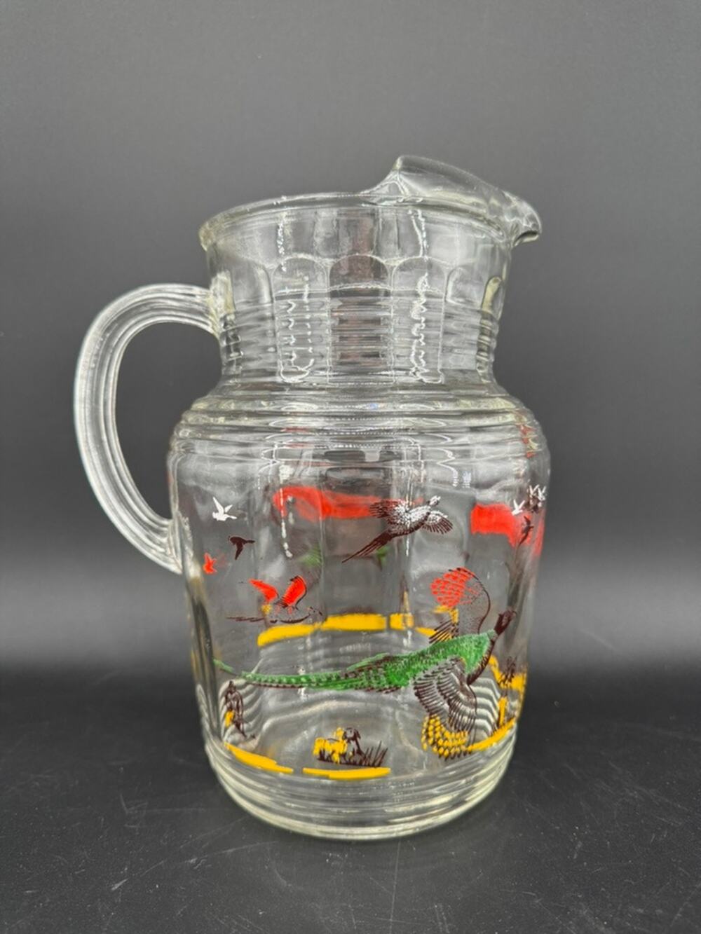 Vintage Hazel Atlas Pheasants 80 Oz Glass Pitcher Hunting Scene 1950s USA